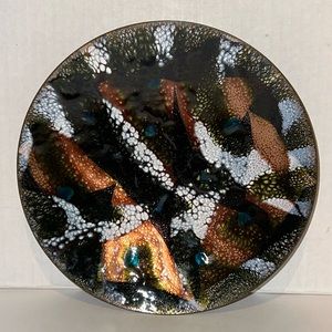 Signed Jules Perrier Hand Painted Enamel Copper Abstract Bowl 7 3/4"